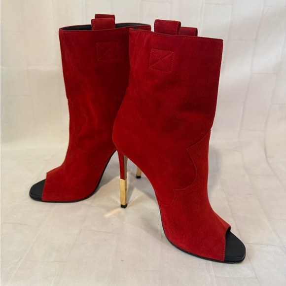 Balmain Red Suede Peep-Toe Ankle Boots – Women’s Designer High Heels - Picture 10 of 13
